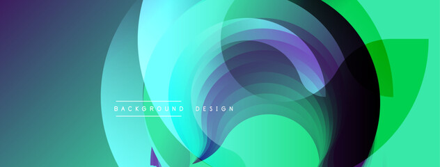 Abstract background features layered circles, vibrant teal, purple hues. Modern design evokes movement, energy, visual appeal.