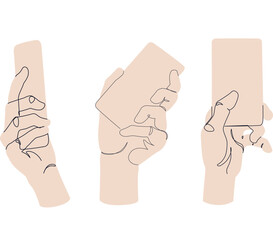 Hand hold mobile smartphone set minimal one line drawing art isolated on white background. Smartphone surfing in Social Media, watching video continuous line art. Vector Illustration.