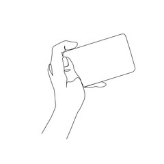 Hand hold mobile smartphone minimal one line drawing art isolated on white background. Smartphone surfing in Social Media, watching video continuous line art. Vector Illustration.