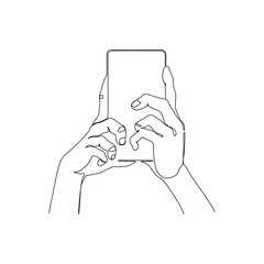 Hand hold mobile smartphone minimal one line drawing art isolated on white background. Smartphone surfing in Social Media, watching video continuous line art. Vector Illustration.