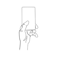 Hand hold mobile smartphone minimal one line drawing art isolated on white background. Smartphone surfing in Social Media, watching video continuous line art. Vector Illustration.
