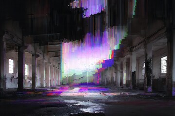 Digital Glitch Portal Opens in Abandoned Warehouse