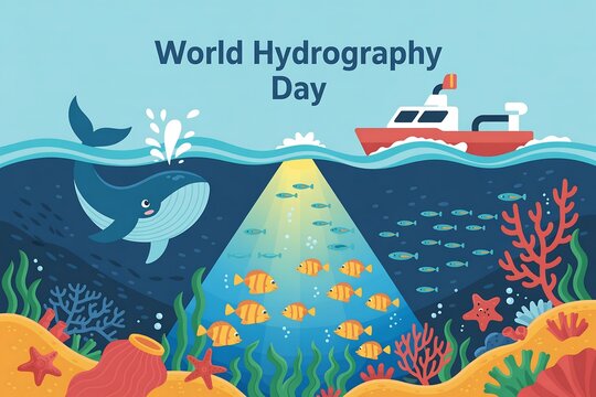 Illustration of world hydrography day with whale boat and underwater marine life scene