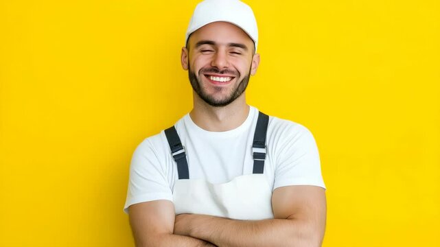 A man with a white shirt and a white hat is smiling and posing for a picture. He is wearing an apron and has his arms crossed. Concept of happiness and contentment
