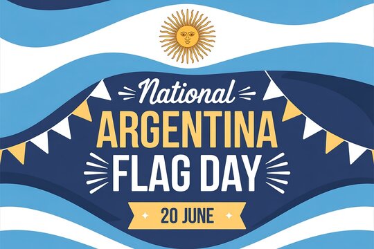 National argentina flag day celebration with sun and bunting on blue and white waves