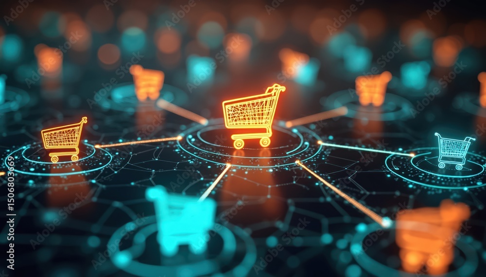 Poster digital retail ecosystem illustration interconnected network. glowing hub-and-spoke diagram connects