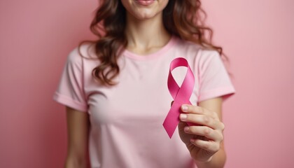 Woman holds pink ribbon symbol of breast cancer awareness. Pink ribbon represents support hope fight against disease. Woman shows care of health. Breast cancer awareness month.
