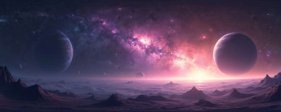 Panoramic space illustration with planets nebula stars clouds. Digital environment map with aerial view of endless universe, fantastic night landscape. Fantasy illustration with detailed space scene