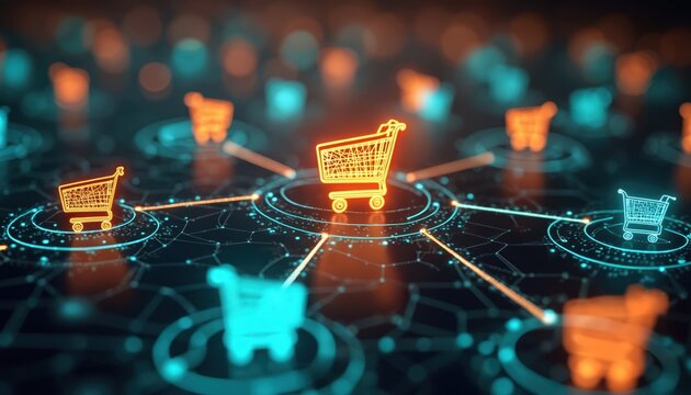 Digital retail ecosystem illustration interconnected network. Glowing hub-and-spoke diagram connects shopping carts, digital icons, charts. E-commerce networks, online shopping, modern tech business.