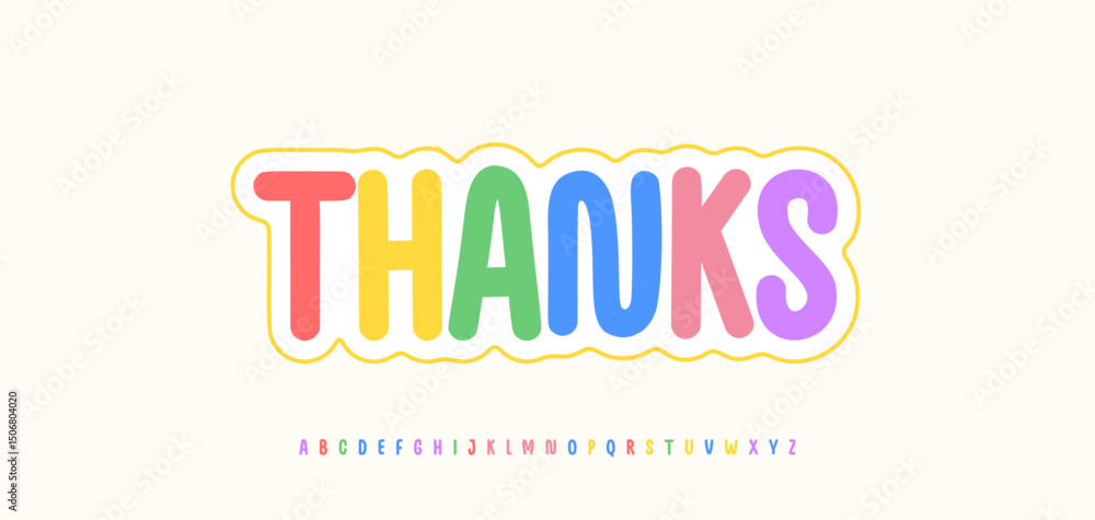 Poster bright colorful thanks letters outlined with wavy border. rounded bold typography in playful rainbow