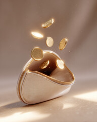 Coin purse popped open with shimmering digital coins spilling out, blending traditional and modern concepts of value