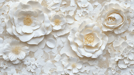 Elegant 3D wallpaper design featuring white roses and delicate lace for stunning home decor accents