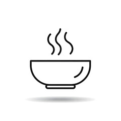  Black line soup bowl with steam rising minimalist food icon on white.