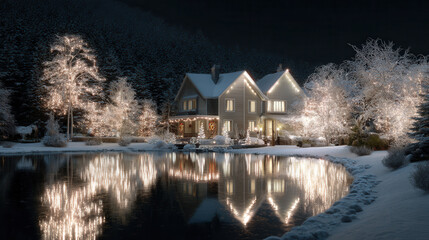 Obraz premium Enchanting winter night with a beautifully decorated house and glowing reflections over a serene lake