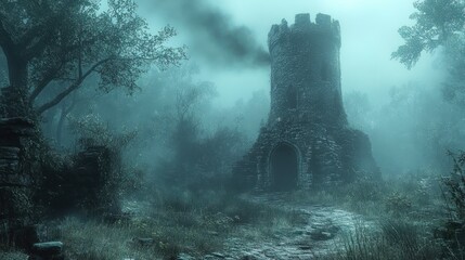 Misty ruins in the forest