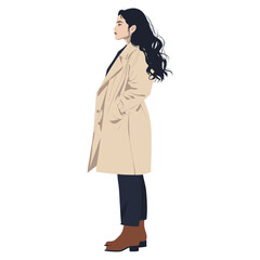 A woman wearing a long beige trench coat illustration profile modern vector