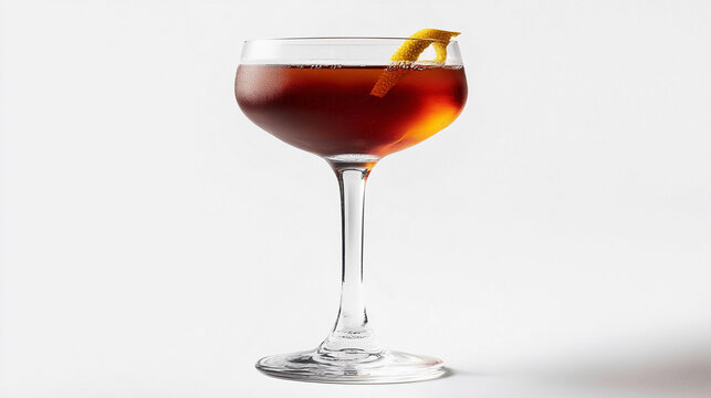 Elegant cocktail garnished with a swirl of citrus zest in a classic coupe glass on a white background. 