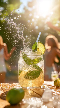 Refreshing lemonade with mint leaves and lime wedge in a jar, with splash effect on a wooden table against the backdrop of summer sunlight. Summer street party atmosphere.