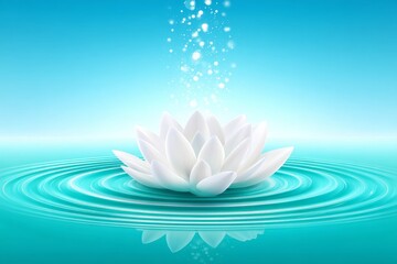 Serene Water Lily Bloom - A single white water lily floats serenely on calm turquoise water, creating a peaceful and tranquil scene. Soft light emanates from above