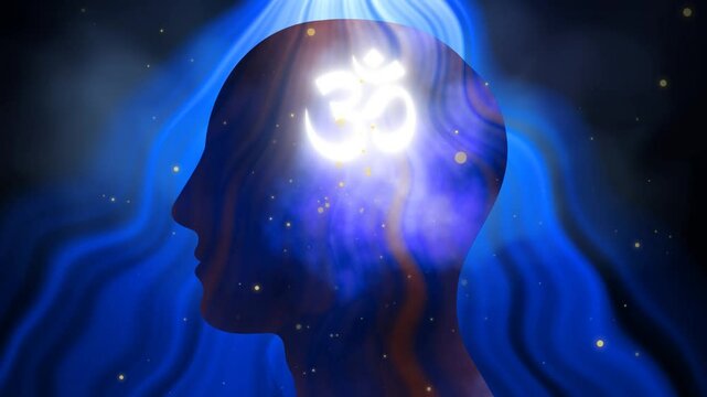 human head silhouette with glowing omm symbol effect