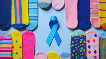 Bright blue ribbon surrounded by vibrant socks symbolizes hope and unity for cancer awareness on World Cancer Day