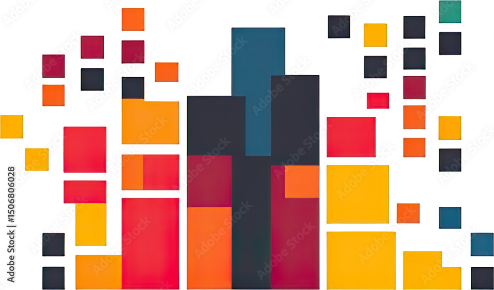 Poster abstract composition of colorful squares on a gray background.