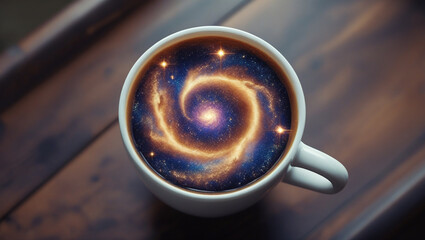Fantasy galaxy swirling in a coffee cup, stars and nebulae blend in a cosmic drink. Surreal generative AI artwork perfect for sci-fi, space, and dreamy concept lovers
