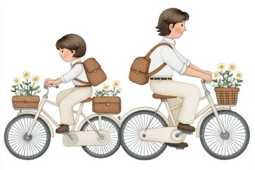 Watercolor Father and Son Bike Ride - A heartwarming watercolor illustration of a father and son enjoying a bike ride together, symbolizing family bonding, outdoor adventure, shared experiences