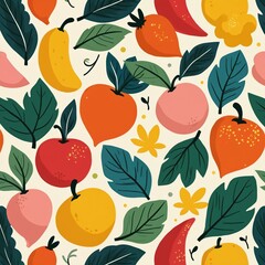 Colorful seamless pattern featuring fruits, leaves in cheerful, bright style. Tropical summer design with modern illustration. Wallpaper, textile print, background. Fresh organic food, healthy eating.