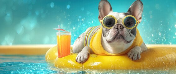 Charming French Bulldog enjoying summer vibes with sunglasses, orange juice, and pool float at vibrant blue water park