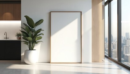 Fototapeta premium Modern office interior with large blank frame on white wall. Big plant in white pot. Black and gold divider. City view through large window. Empty space ready for advertising.