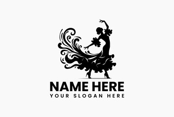 Graceful female dancer vector logo in motion with artistic flowing dress silhouette for dance art concept