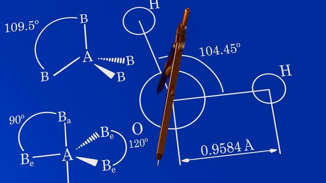 A 3d animation of VSEPR theory and drawing compass as a drafting tool for molecules to predict the exact 3D shapes and the angles between the bonds. 