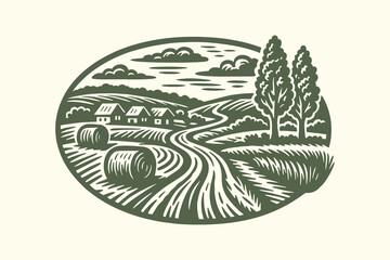 Countryside landscape with hayfield engraving style vector illustration

