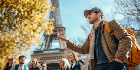 Male tourist guide showing European city to the group of tourists.