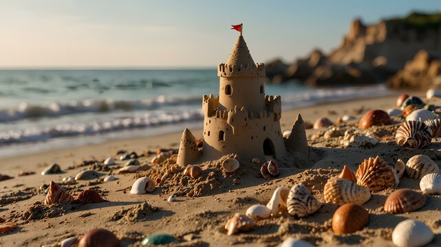 A sandcastle by the sea with seashells scattered around