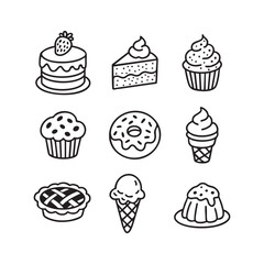 A set of sweets. Sweet dessert. Layered fruit cake. Vector illustration isolated on white background. Doodle illustration
