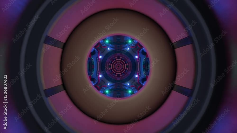 Poster kaleidoscopic spaceship corridor rotating with pulsing, vibrant lights, generating mesmerizing visua
