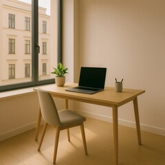 A peaceful office corner bathed in natural light with simple decor and a clean desk setup. Ideal for creative or remote work.