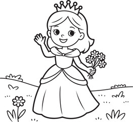 Cute Little Princess Line Art Coloring Page