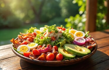 Fresh Cobb salad with avocado bacon tomatoes eggs lettuce in rustic wooden bowl. American cuisine, healthy meal, balanced diet, delicious, for lunch. Sunny, green garden bokeh background.