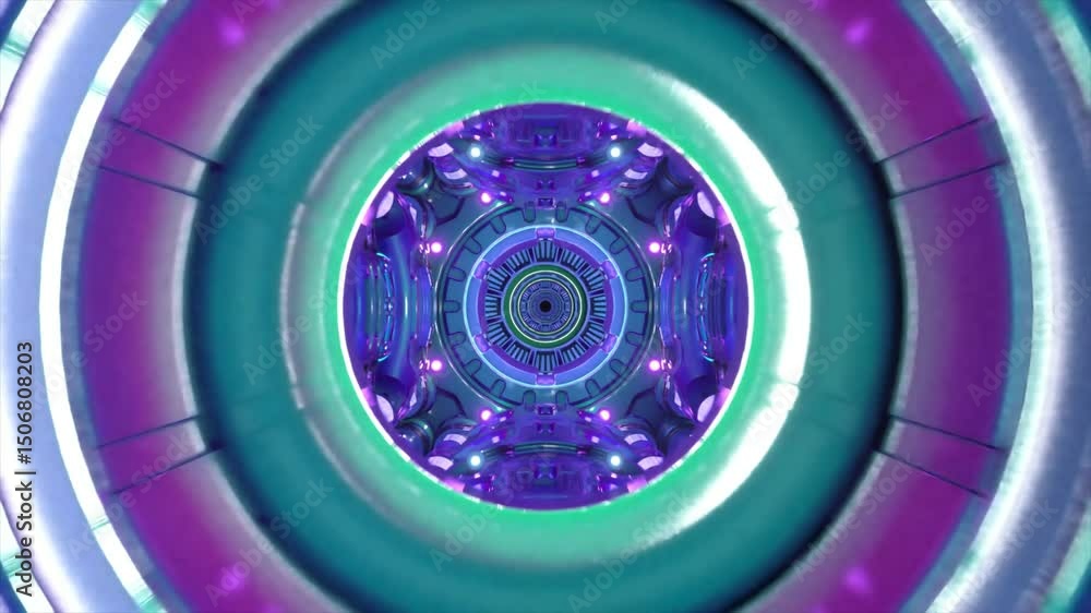 Poster glowing neon lights illuminate futuristic spaceship corridor rotating, creating mesmerizing visual e