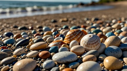 Obraz premium A collection of seashells and pebbles on the shore