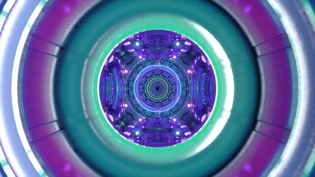 Glowing neon lights illuminate futuristic spaceship corridor rotating, creating mesmerizing visual experience with vibrant colors and intricate details