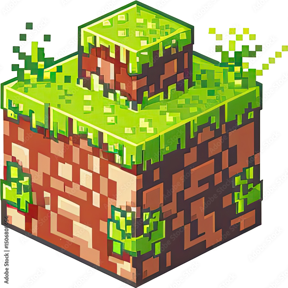 Poster pixelated cube with grass and soil.