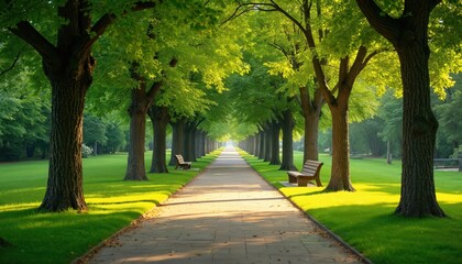 Fototapeta premium Pathway through green park trees. Sunlight falls through leaves. Benches along road. Tranquil scene, walking place, peaceful place, green grass, natural scenery, relax, rest, escape city. Ideal for