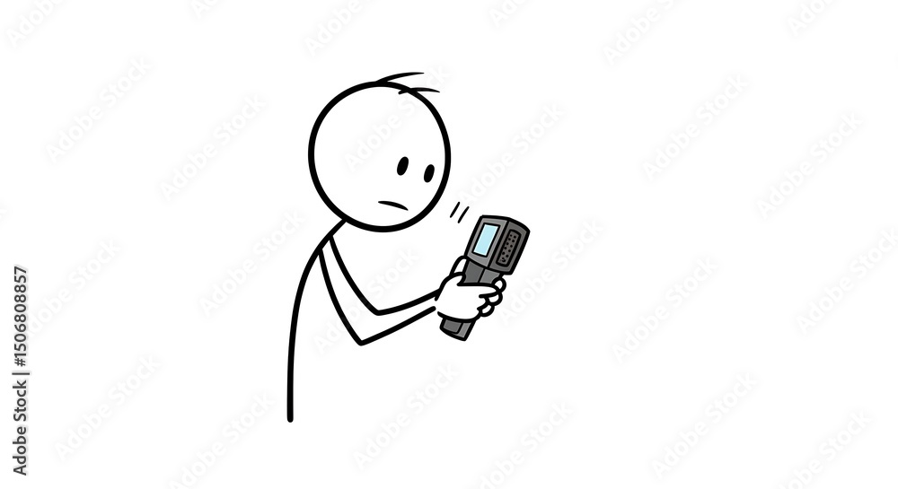 Poster perplexed stick figure examining a handheld device with buttons