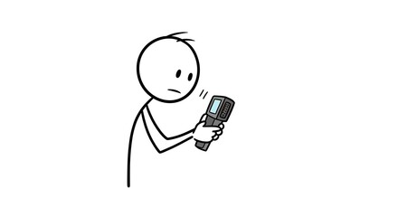 Perplexed stick figure examining a handheld device with buttons