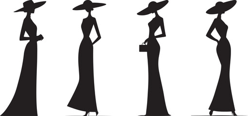 Elegant Woman Silhouettes in Gowns and Hats – Fashion Vector Illustration Set

