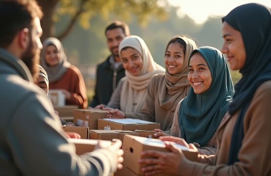 Diverse Muslim volunteers distribute supplies community center. Group of smiling women, man in hijab give boxes. Humanitarian aid, teamwork, solidarity, charity work, focus on positive impact on